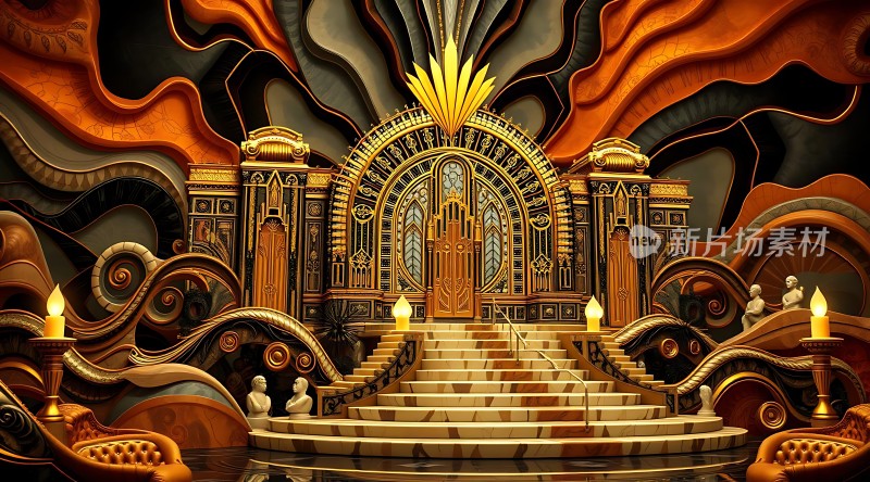 金色宫殿宏伟阶梯璀璨灯光艺术雕像