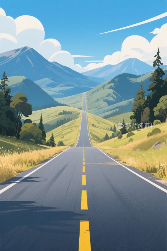 公路远山风景插画
