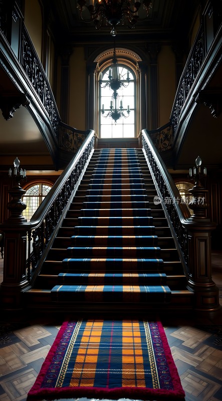 宏伟楼梯华丽吊灯彩色地毯古典建筑风格