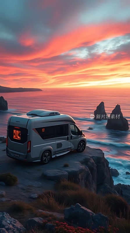 海边的露营车日落美景