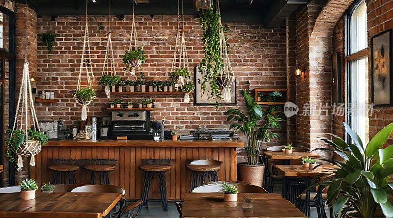 砖墙绿植咖啡店