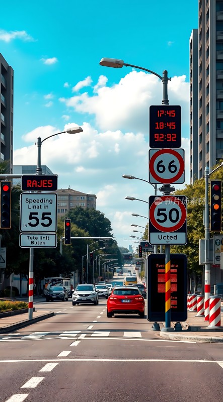 城市街道上的限速标志和红绿灯