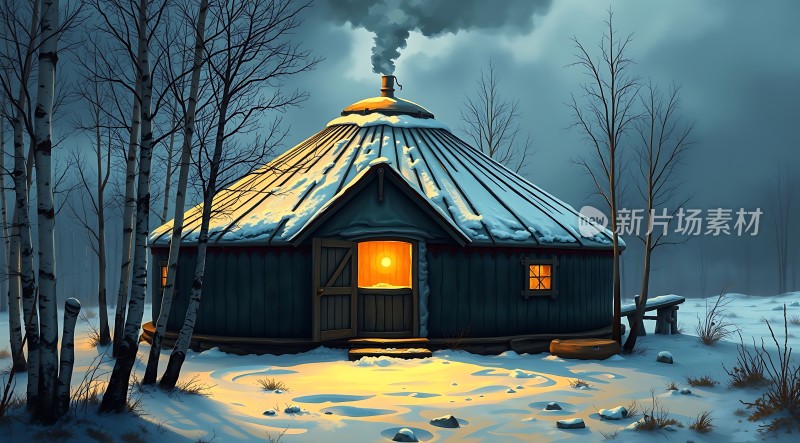 雪夜小木屋温馨灯光