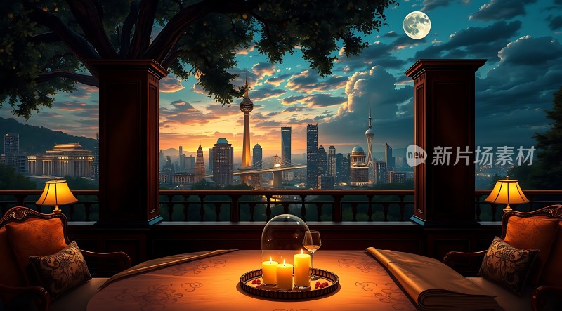 城市夜景下的浪漫晚餐