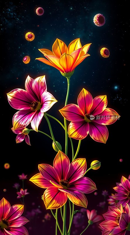 五彩斑斓的花朵在星空下绽放