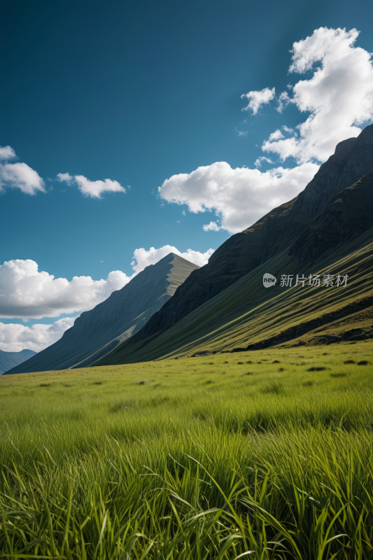 草地山脉蓝天白云高清风景图片