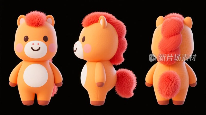 可爱橙色小马玩偶多角度展示