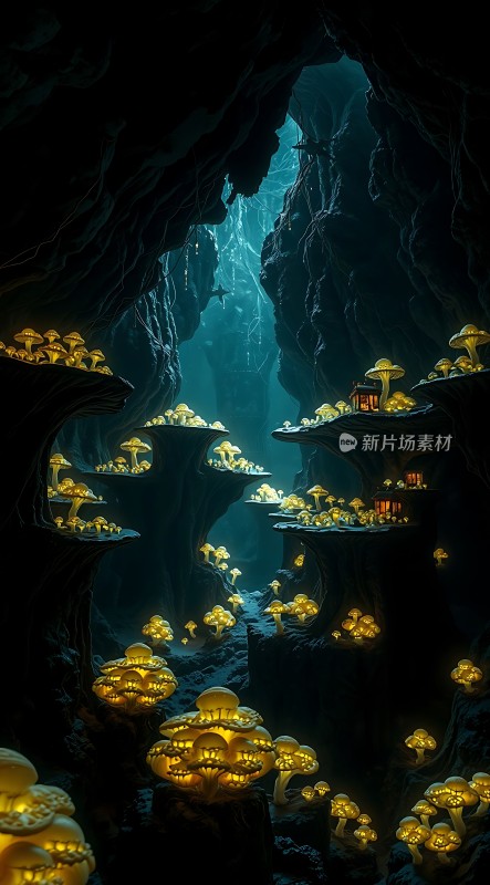神秘洞穴中的发光蘑菇世界