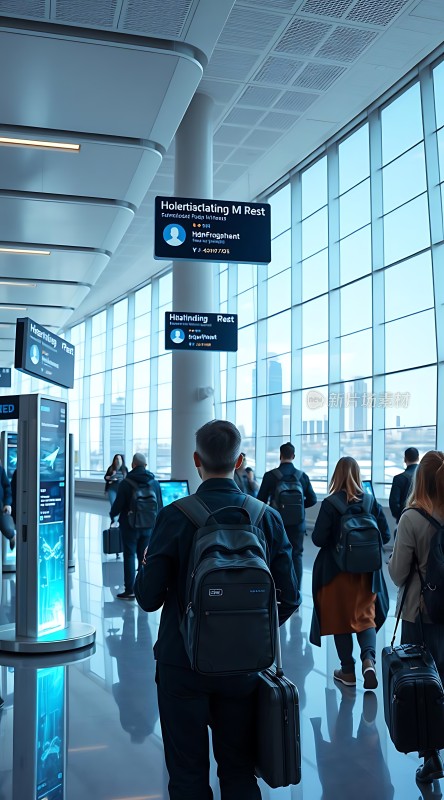 机场候机大厅旅客们拖着行李箱排队等待登机