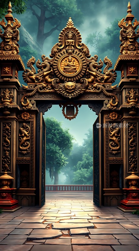 神秘古门金碧辉煌的大门与宁静森林的结合