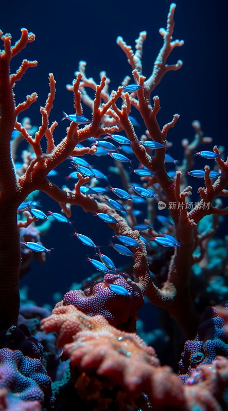 珊瑚丛中游动的蓝色小鱼