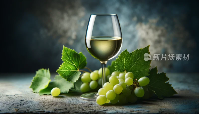 白葡萄酒与葡萄叶的艺术静物