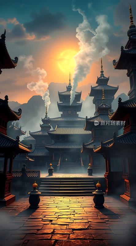 古寺晨曦金光洒落云雾缭绕