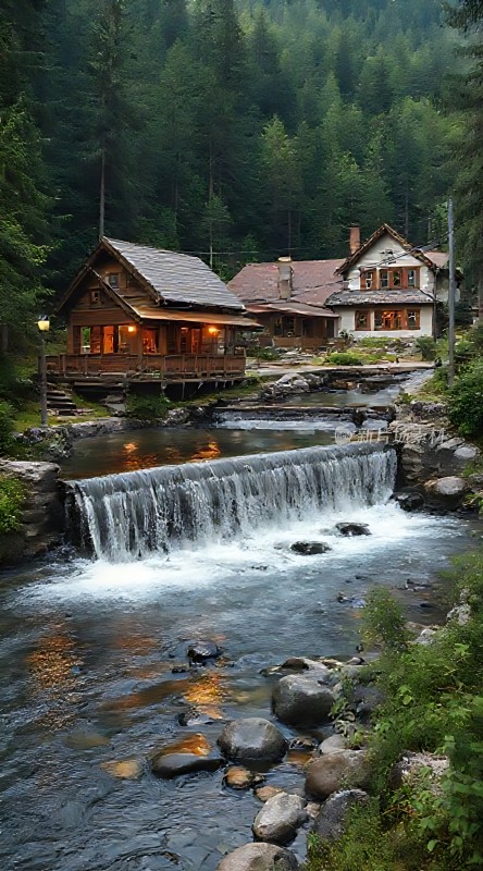 森林小溪旁的温馨木屋