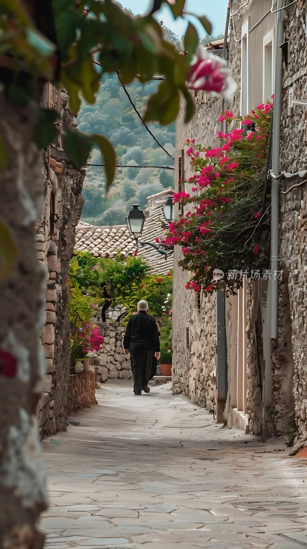 石板小巷漫步花团锦簇映衬下宁静而美丽