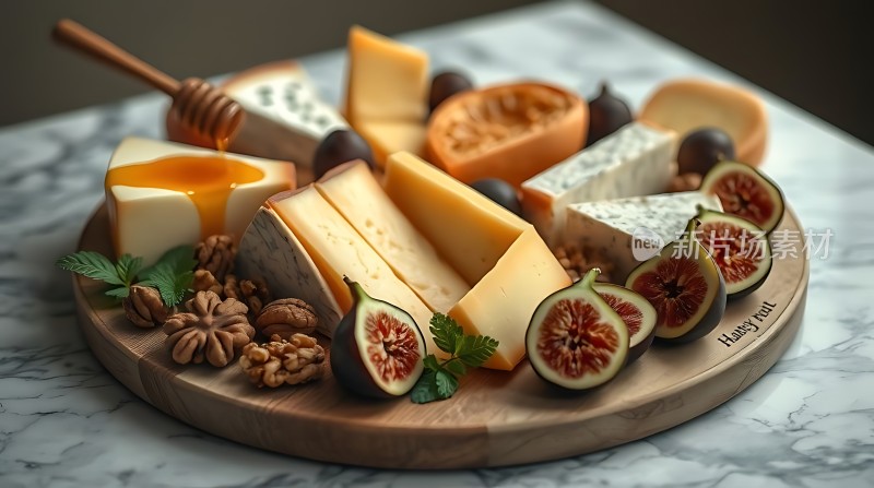 美味奶酪拼盘搭配无花果和坚果蜂蜜点缀诱人可口