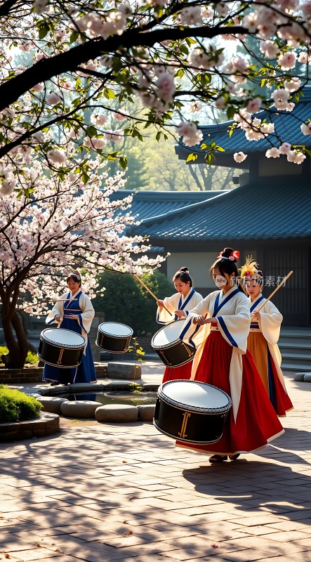 春日樱花下汉服少女击鼓起舞