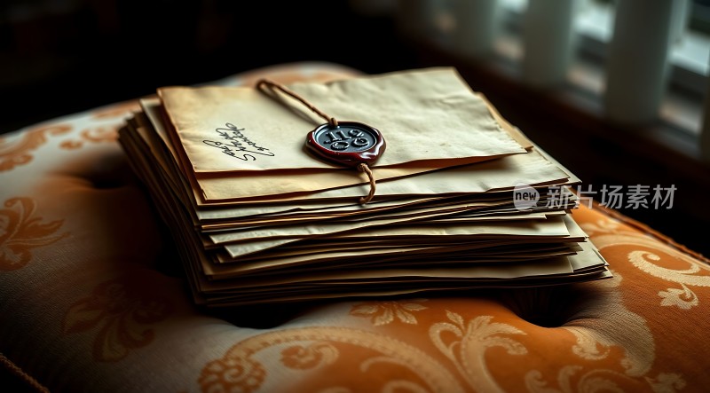 古旧信件堆叠封印与绳结显眼