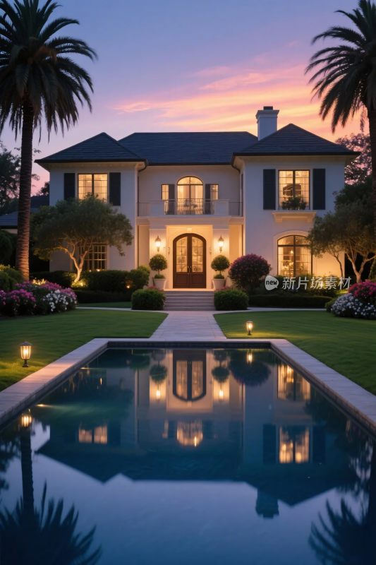 豪华别墅与泳池夜景
