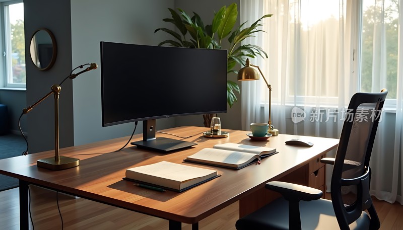阳光下的现代办公桌整洁明亮的工作环境