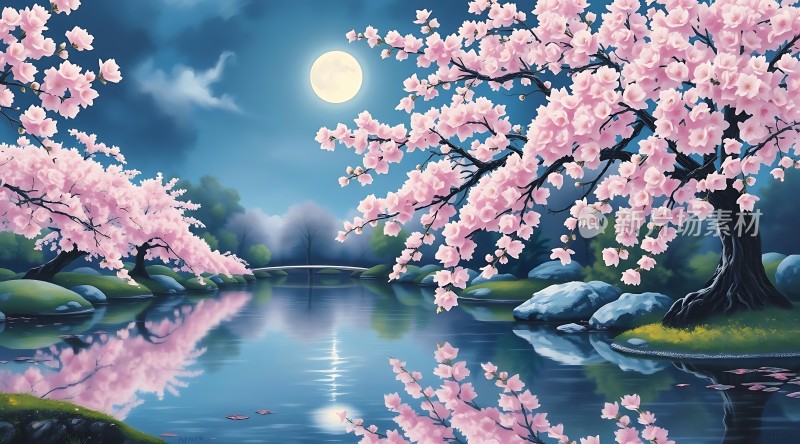 春夜月下樱花湖畔