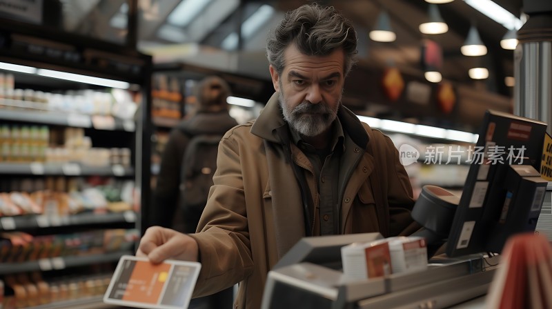 新片场素材男子在超市结账时出示银行卡