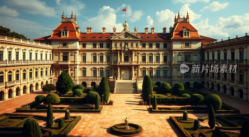 宏伟宫殿精致园林蓝天映衬下的壮丽景象
