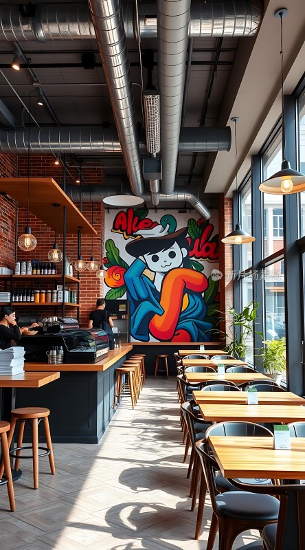 现代咖啡店色彩鲜艳壁画温馨氛围