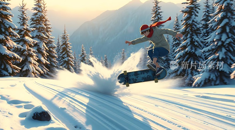 雪地滑板少年飞跃雪山的激情瞬间