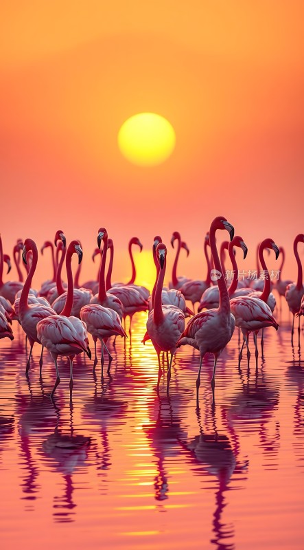 火红夕阳映照下的火烈鸟群