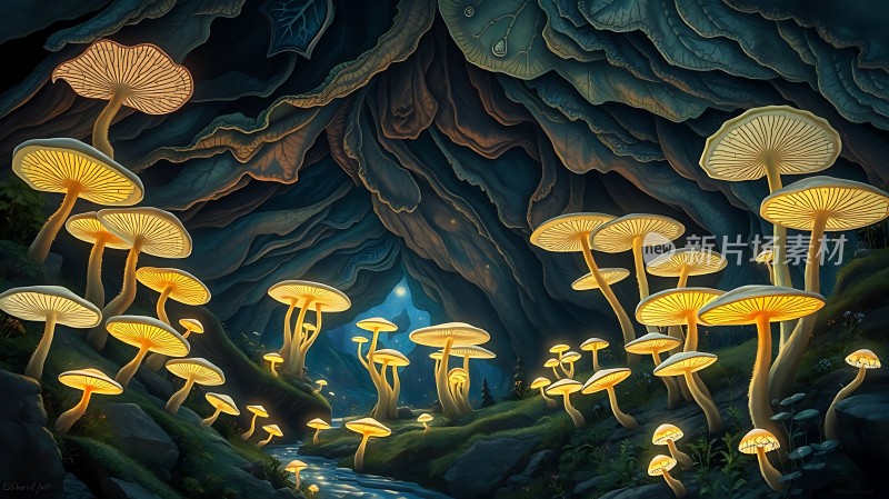 神秘洞穴中的发光蘑菇
