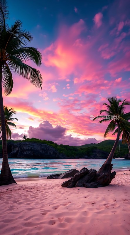 椰林晚霞映碧波