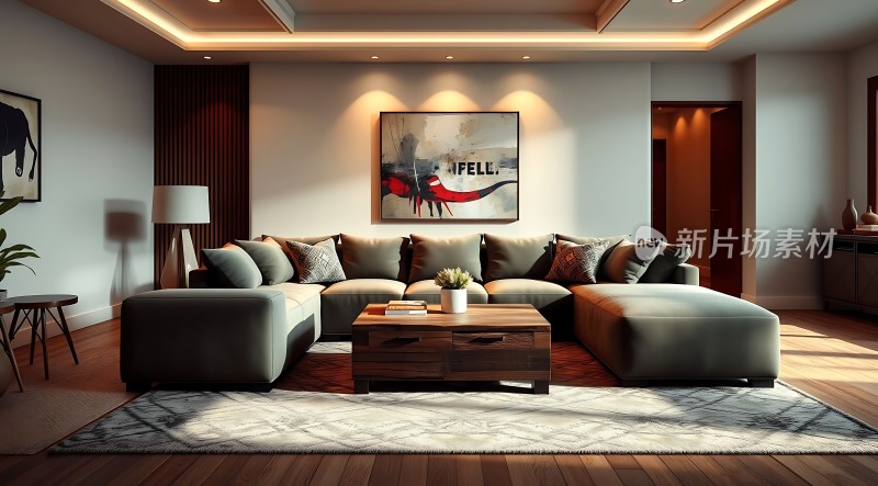 现代客厅设计舒适沙发与艺术装饰画