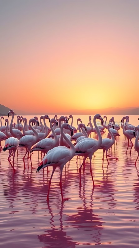 火红夕阳映照粉羽群鹤