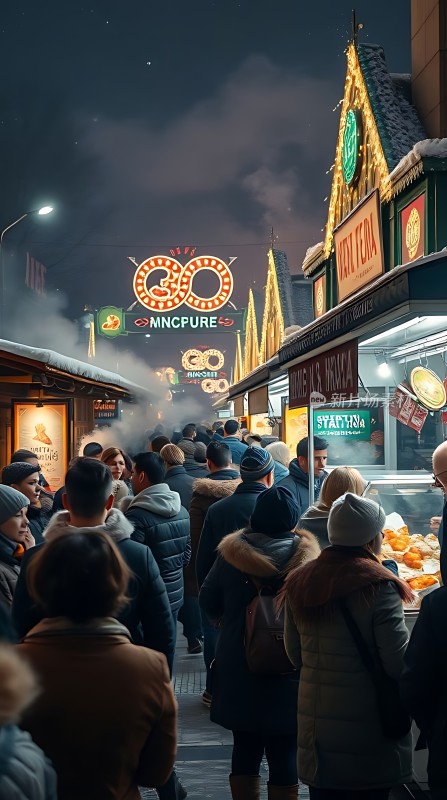 夜市繁华美食诱惑人群熙攘霓虹闪烁