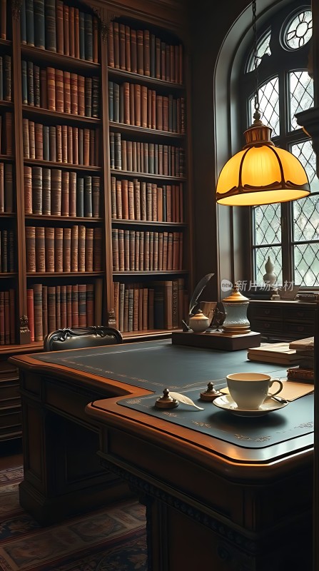 书房一角书架、桌椅与灯光营造温馨氛围