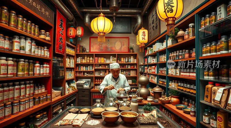 传统中药铺里的老中医在精心调配草药