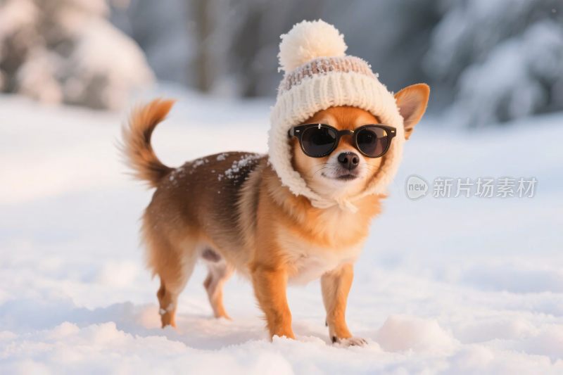 雪地小狗戴针织帽