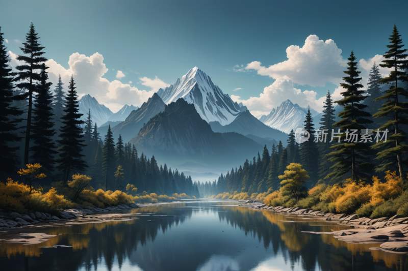 有湖泊和树木山景高清风景插画图片