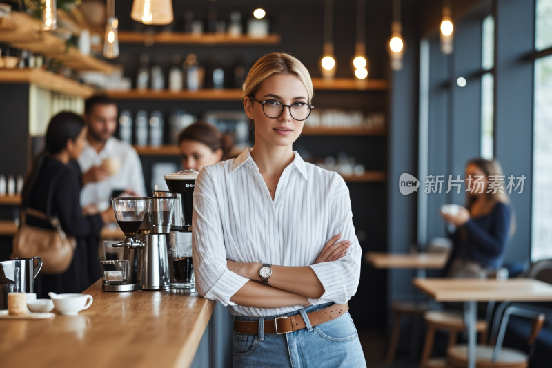 女子双臂交叉站在咖啡店里高清图片