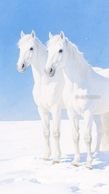 雪地中的两匹白色骏马
