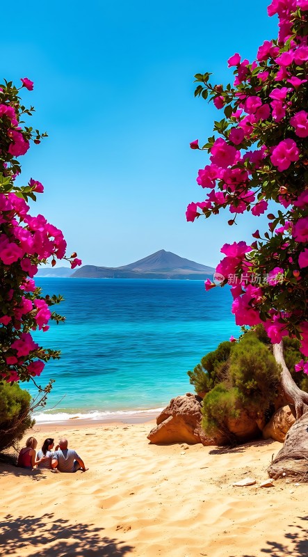 碧海沙滩繁花似锦三人共度美好时光