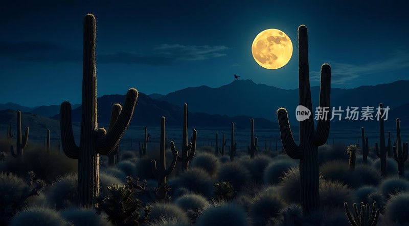 沙漠之夜月光下的仙人掌