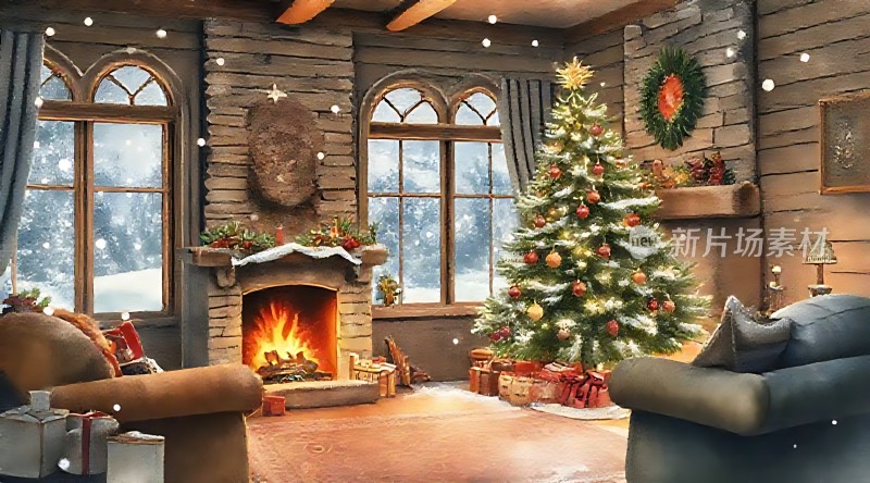温馨圣诞之家壁炉旁的节日盛宴