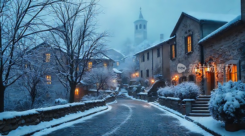 雪夜小镇温馨宁静