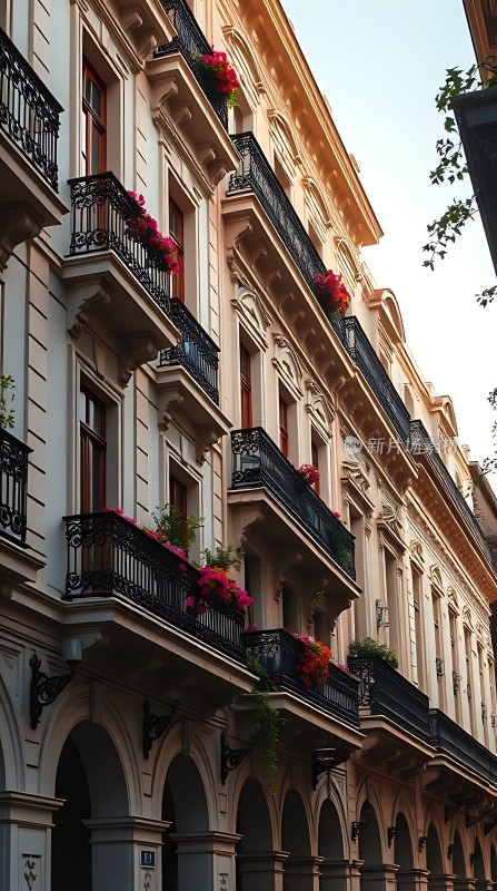 阳光下的欧式建筑鲜花点缀的阳台