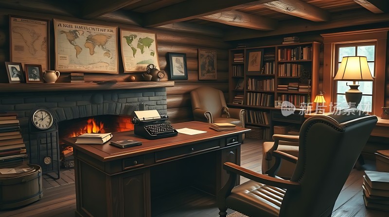 温馨书房木制家具与壁炉营造舒适氛围