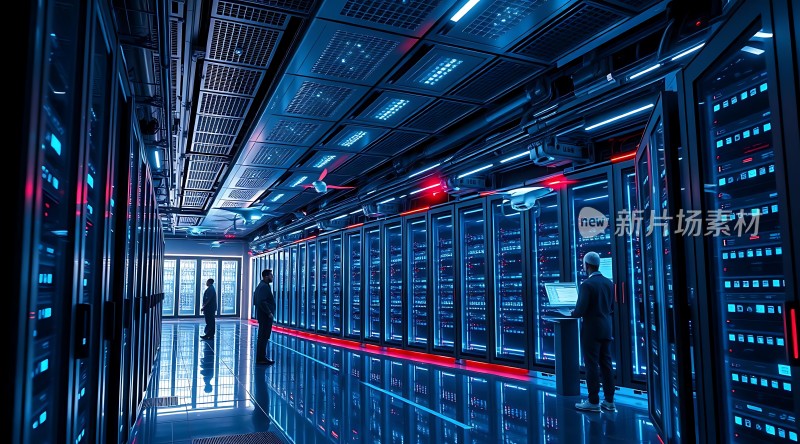 科技感数据中心蓝色灯光下的服务器机房