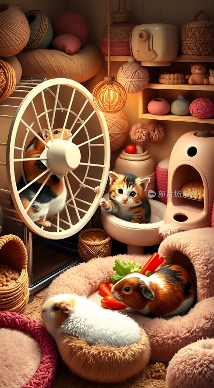 仓鼠与猫咪温馨互动场景