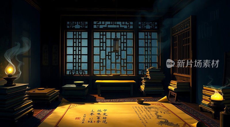 古风书房灯火通明书香四溢
